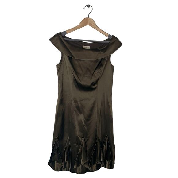 NEW Karen Millen Silk Off Shoulder Mini Dress Metallic Khaki Green - US Size 6 - Picture 10 of 11